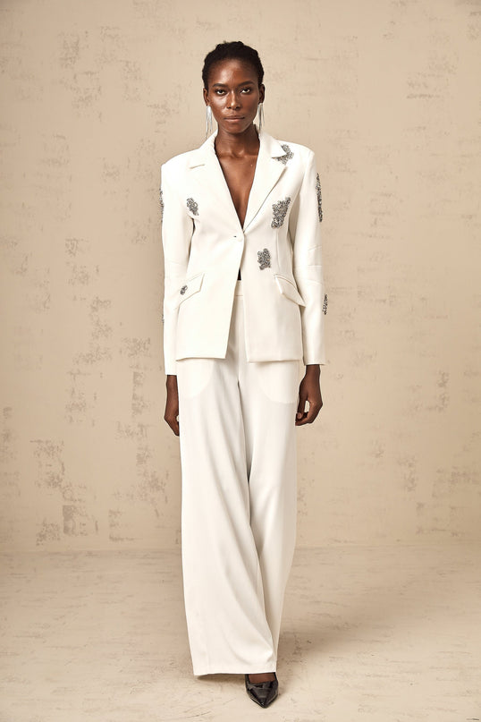 London White Crystal Embellished Blazer Trousers Matching Set