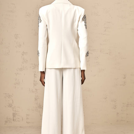 London White Crystal Embellished Blazer Trousers Matching Set