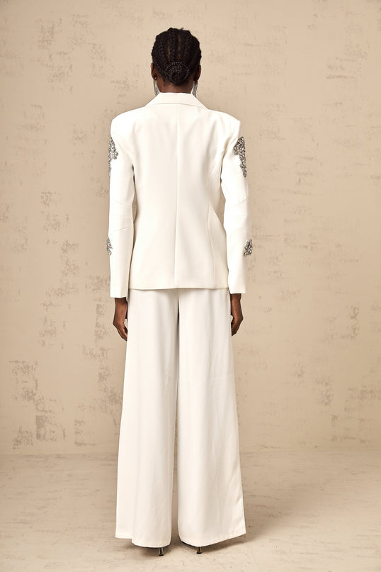 London White Crystal Embellished Blazer Trousers Matching Set
