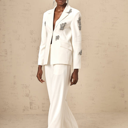London White Crystal Embellished Blazer Trousers Matching Set