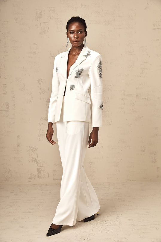 London White Crystal Embellished Blazer Trousers Matching Set