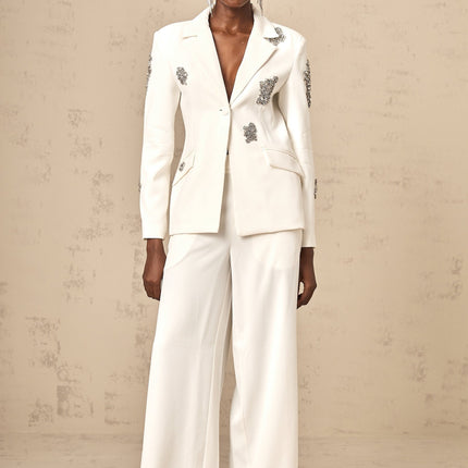 London White Crystal Embellished Blazer Trousers Matching Set