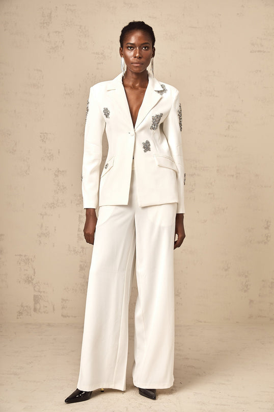 London White Crystal Embellished Blazer Trousers Matching Set