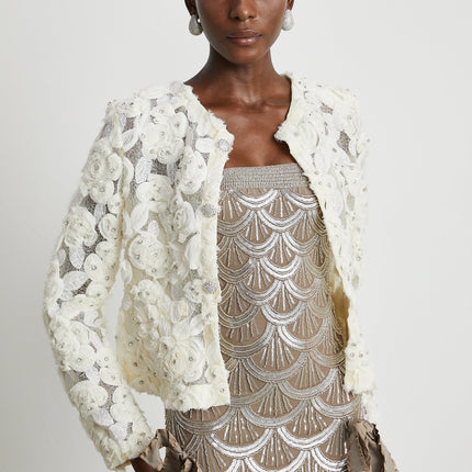 London White Floral Appliqué Crystal Embellished Jacket