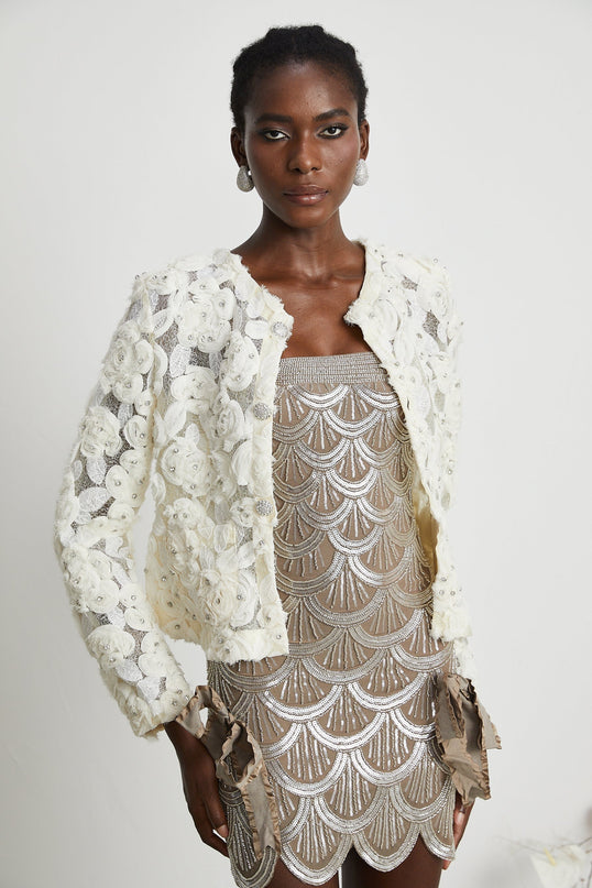 London White Floral Appliqué Crystal Embellished Jacket