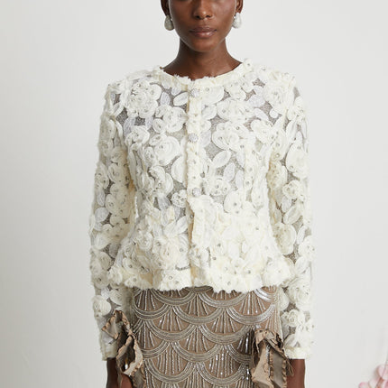 London White Floral Appliqué Crystal Embellished Jacket