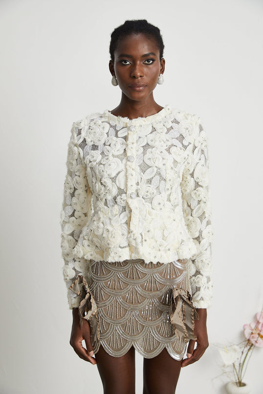 London White Floral Appliqué Crystal Embellished Jacket