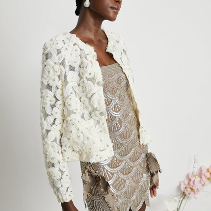 London White Floral Appliqué Crystal Embellished Jacket