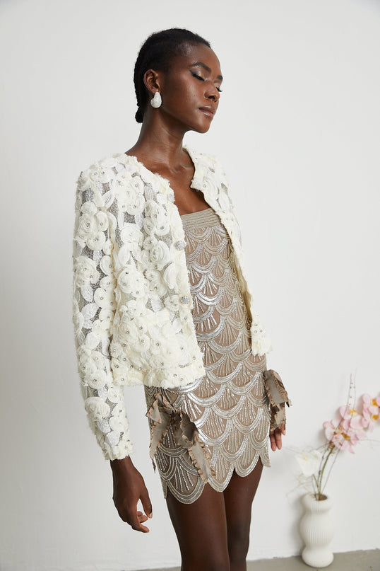 London White Floral Appliqué Crystal Embellished Jacket