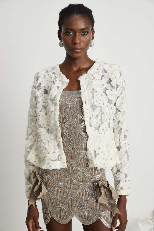 London White Floral Applique Crystal Embellished Jacket