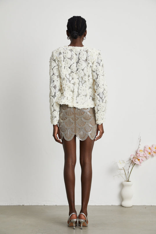 London White Floral Appliqué Crystal Embellished Jacket