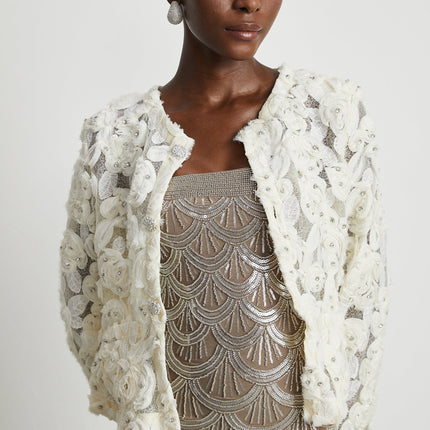 London White Floral Appliqué Crystal Embellished Jacket