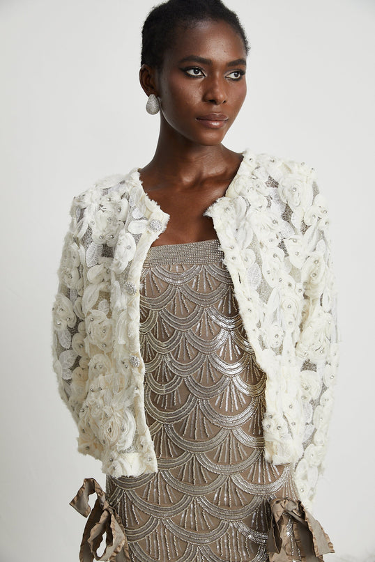 London White Floral Appliqué Crystal Embellished Jacket