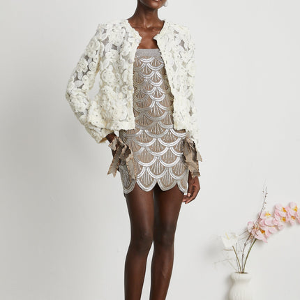 London White Floral Appliqué Crystal Embellished Jacket