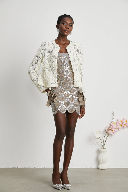 London White Floral Appliqué Crystal Embellished Jacket