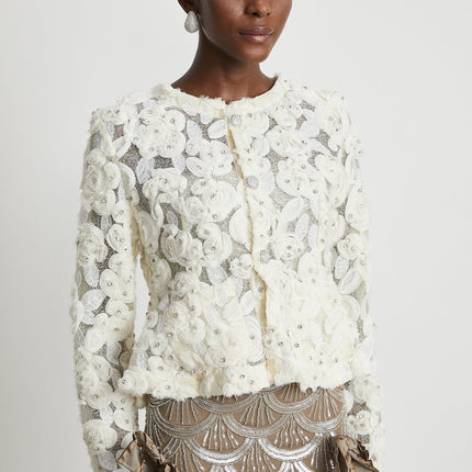 London White Floral Appliqué Crystal Embellished Jacket
