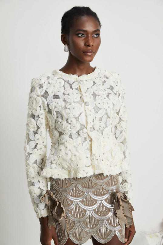 London White Floral Appliqué Crystal Embellished Jacket