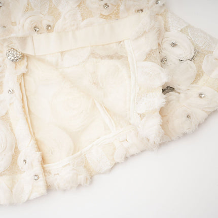 London White Floral Appliqué Crystal Embellished Mesh Jacket