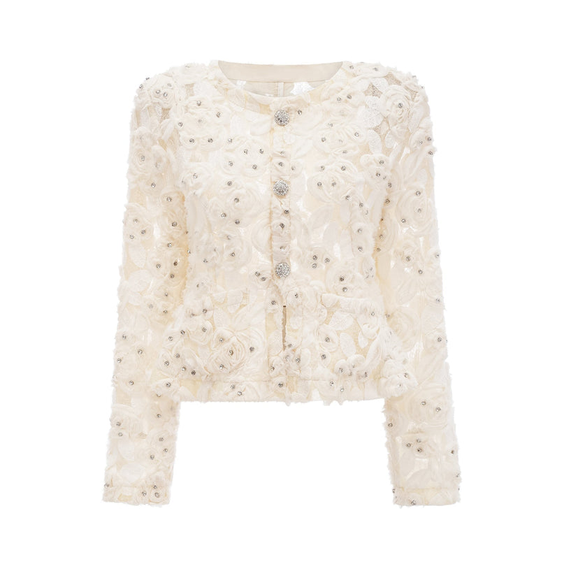 London White Floral Appliqué Crystal Embellished Mesh Panel Jacket