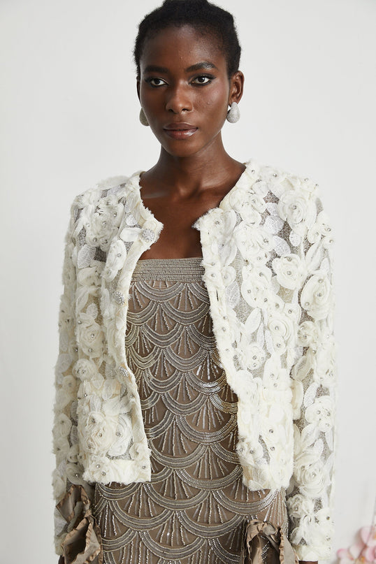 London White Floral Appliqué Mesh Jacket Crystal Embellishments Buttons Long Sleeves Welt Pockets Button Fastening Terylene Polyamide Luxurious Comfort Perfect Fit Timeless Chic Upscale Occasion