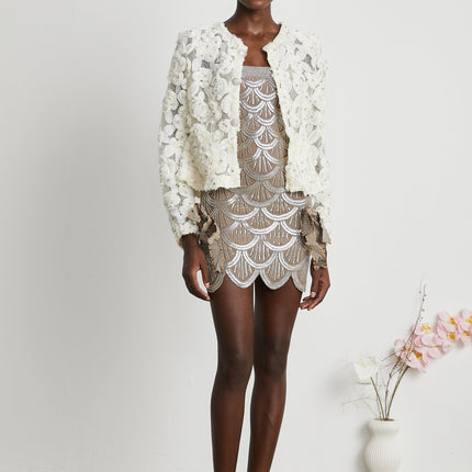 London White Floral Appliqué Mesh Panel Crystal Embellished Jacket
