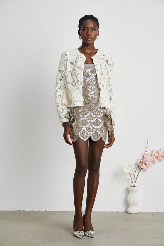 London White Floral Appliqué Mesh Panel Crystal Embellished Jacket