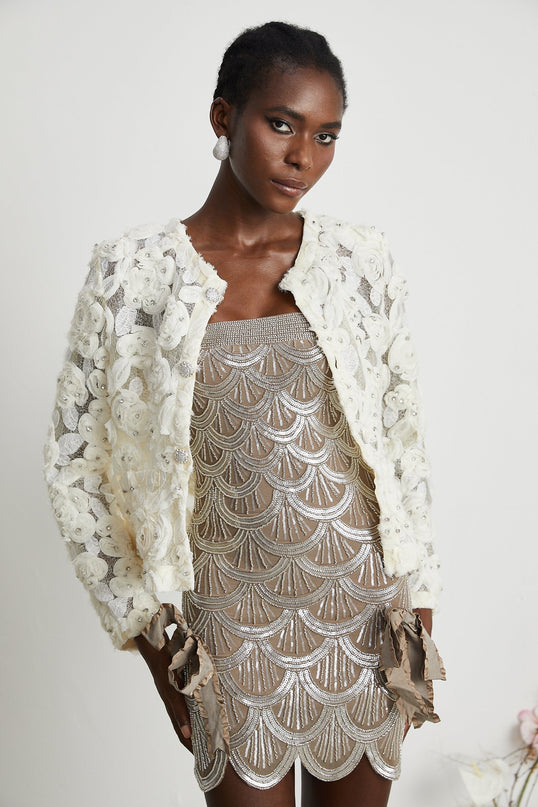 London White Floral Appliqué Mesh Panel Crystal Embellished Jacket