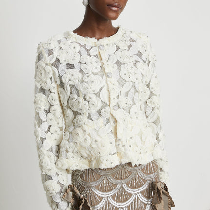 London White Floral Applique Mesh Panel Crystal Embellished Jacket