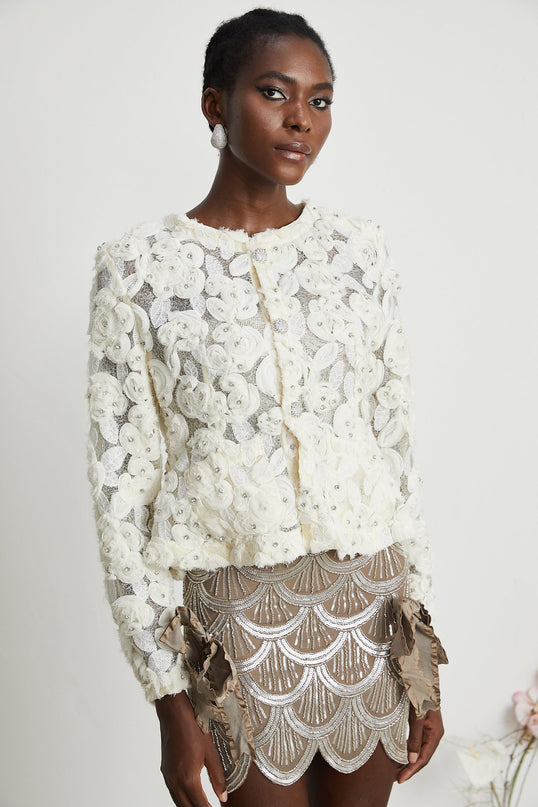 London White Floral Applique Mesh Panel Crystal Embellished Jacket