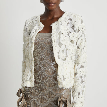 London White Floral Appliqué Mesh Panel Jacket Crystal Embellishments Buttons Long Sleeves Front Welt Pockets Button Fastening Terylene Polyamide Blend Luxurious Comfort Perfect Fit Timeless Chic Upscale Occasion