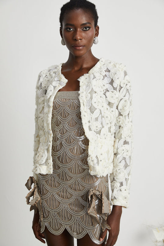 London White Floral Appliqué Mesh Panel Jacket Crystal Embellishments Buttons Long Sleeves Front Welt Pockets Button Fastening Terylene Polyamide Blend Luxurious Comfort Perfect Fit Timeless Chic Upscale Occasion