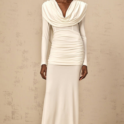 London White Maxi Dress with Plunging V-Neck, Open Back, and Ruched Detailing
