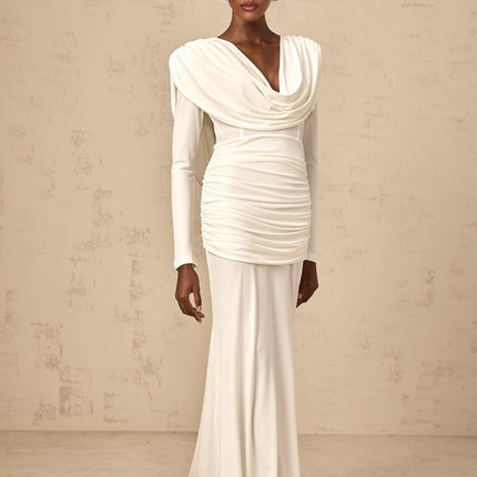 London White Maxi Dress Viscose Elastane Plunging V-neck Open Back Ruched Detailing Fitted Silhouette Rear Zip Fastening Long Sleeves Maxi Length Gala Cocktail Party Elegant Style Grace