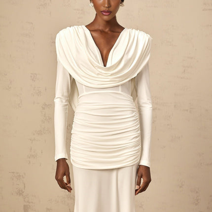 London White Maxi Dress Viscose Elastane Plunging V-neck Open Back Ruched Detailing Fitted Silhouette Rear Zip Fastening Long Sleeves Maxi Length Gala Cocktail Party Elegant Style Grace