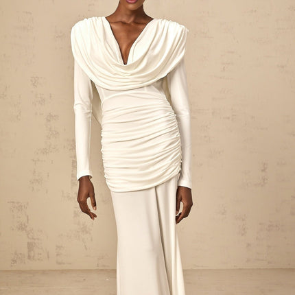London White Maxi Dress with Plunging V-neck and Open Back