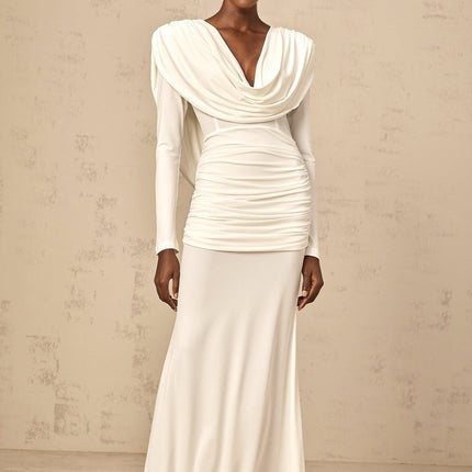 London White Maxi Dress with Plunging V-Neck, Open Back, and Ruched Detailing