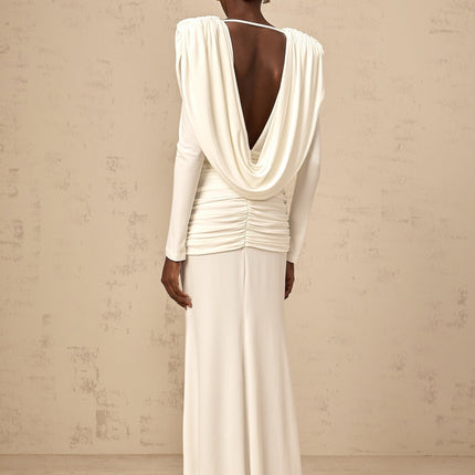 London White Maxi Dress Viscose Elastane Plunging V-neck Open Back Ruched Detailing Fitted Silhouette Rear Zip Fastening Long Sleeves Maxi Length Gala Cocktail Party Elegant Style Grace