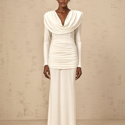London White Maxi Dress Viscose Elastane Plunging V-neck Open Back Ruched Detailing Fitted Silhouette Rear Zip Long Sleeves Maxi Length Gala Cocktail Party Elegant Style Grace