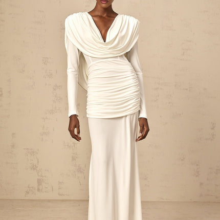 London White Maxi Dress Viscose Elastane Plunging V-neck Open Back Ruched Detailing Fitted Silhouette Rear Zip Long Sleeves Maxi Length Gala Cocktail Party Elegant Style Grace