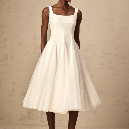 London White Tulle Square Neck Dart Detail Godet Full Skirt Midi Dress