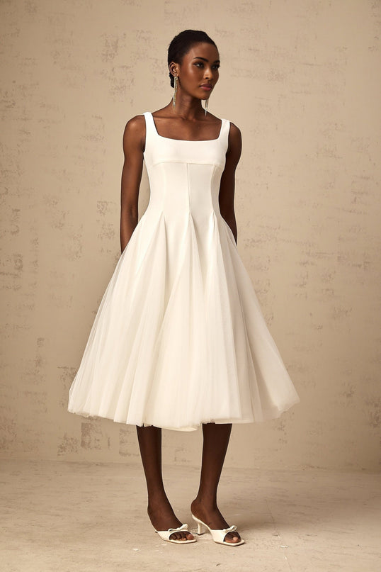 London White Tulle Square Neck Dart Detail Godet Full Skirt Midi Dress