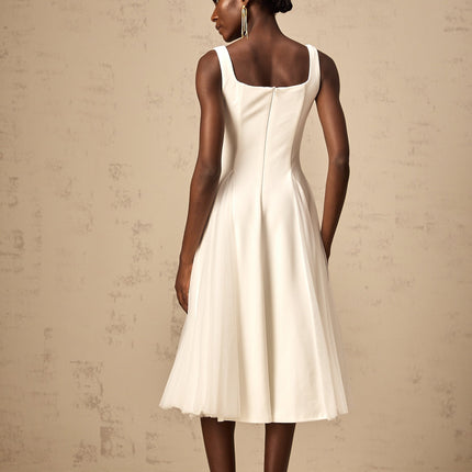 London White Tulle Square Neck Dart Detail Godet Full Skirt Midi Dress