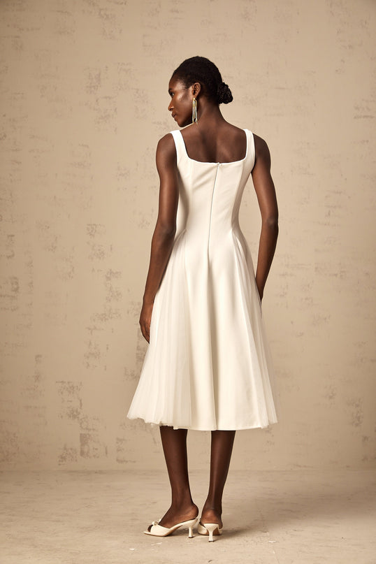 London White Tulle Square Neck Dart Detail Godet Full Skirt Midi Dress