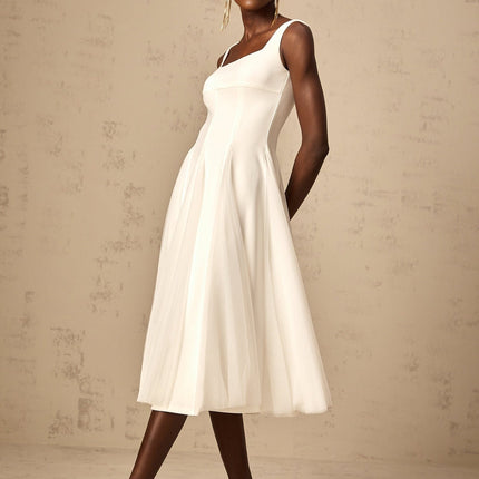 London White Tulle Square Neck Dart Detail Godet Full Skirt Midi Dress