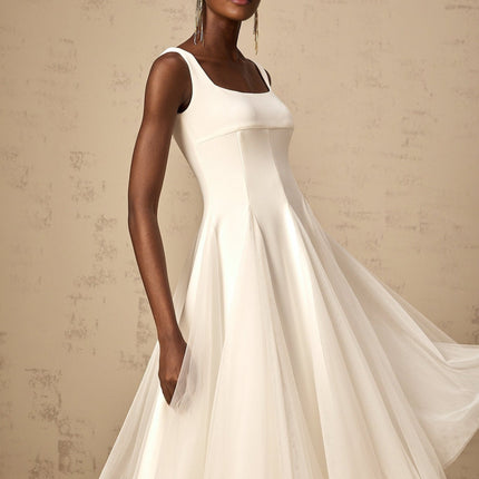 London White Tulle Square Neck Dart Detail Godet Full Skirt Midi Dress