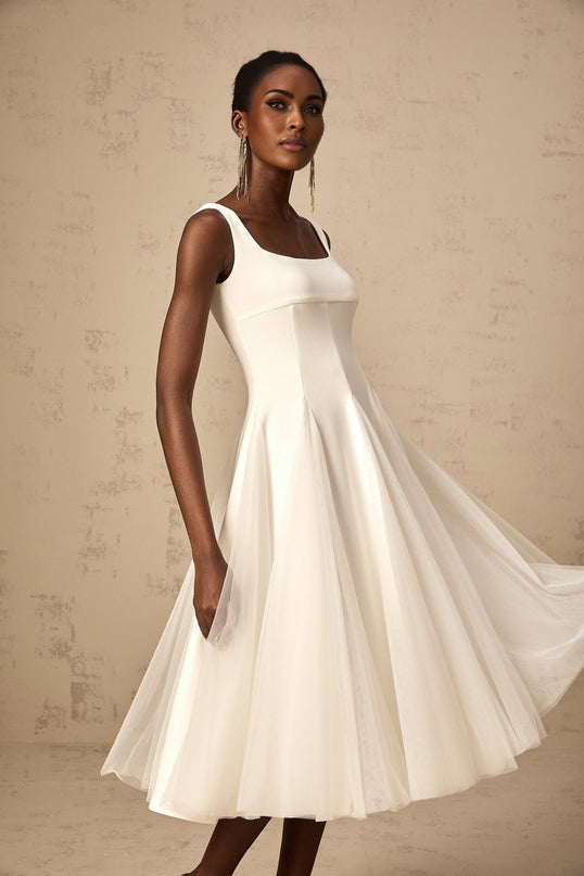 London White Tulle Square Neck Dart Detail Godet Full Skirt Midi Dress