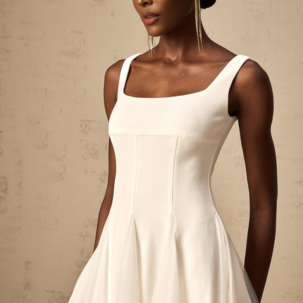 London White Tulle Square Neck Dart Detail Godet Full Skirt Midi Dress