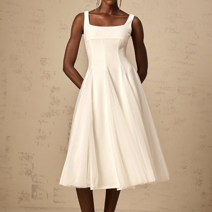 London White Tulle Square Neck Dart Detailing Godet Full Skirt Midi Dress