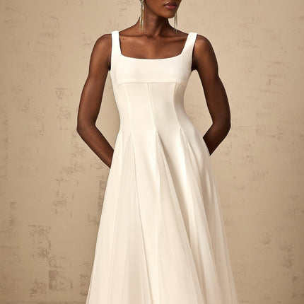 London White Tulle Square Neck Dart Godet Full Skirt Midi Dress