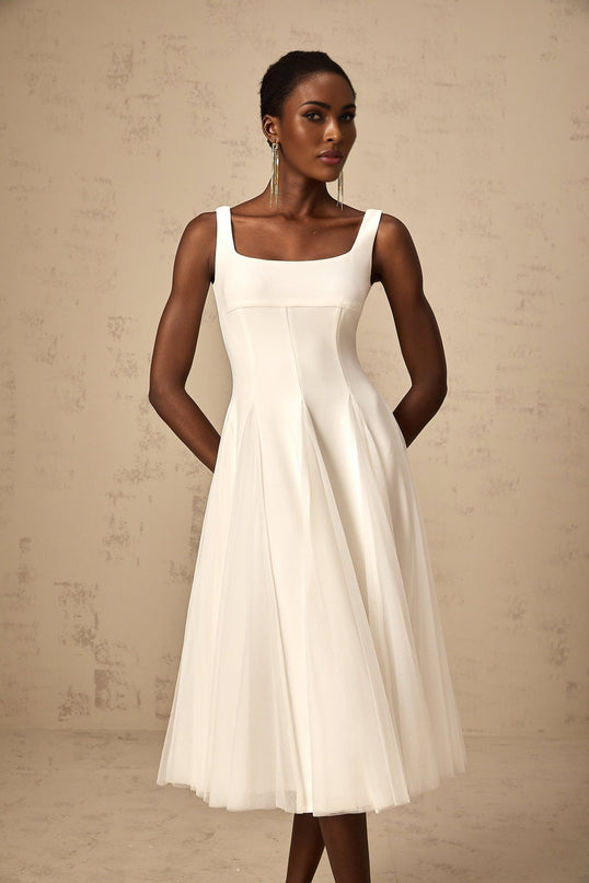 London White Tulle Square Neck Dart Godet Full Skirt Midi Dress